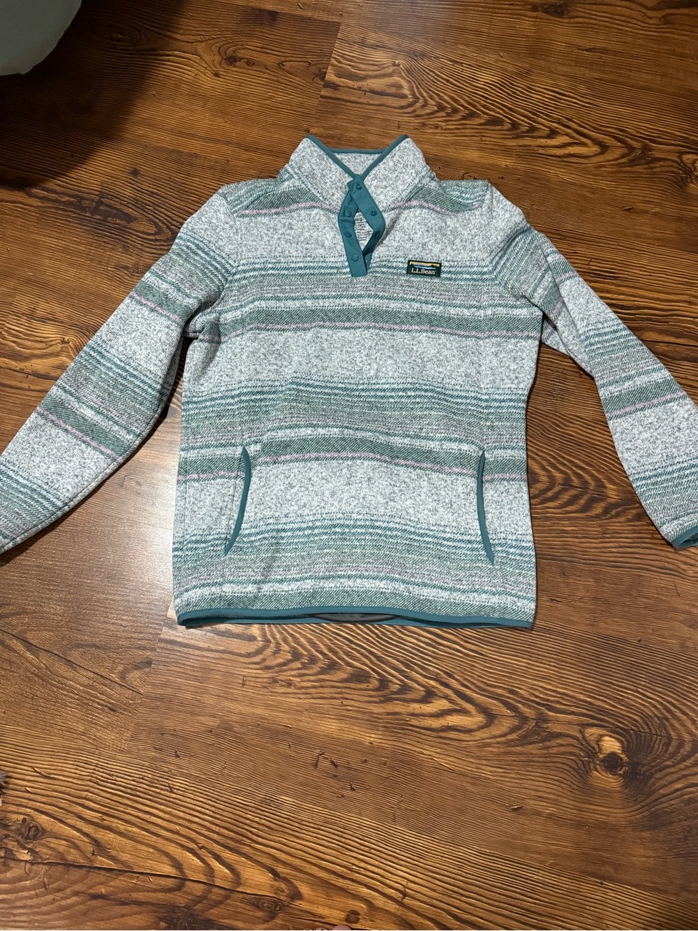 L.L. Bean Women's Teal and Light Gray Striped Half-Zip Sweater